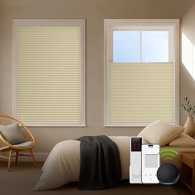 ZSTARR Motorized Skylight Shades Blackout Cellular Honeycomb Electric Blinds with Solar Panel Cordless Rechargeable with Remote for Roof and Slanted Windows Custom Size (Black Out Beige)