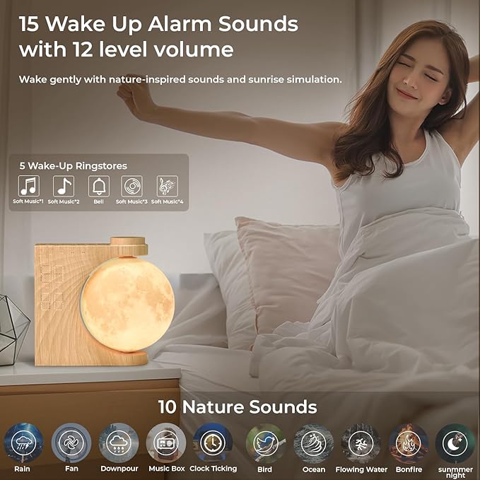 Sunrise Alarm Clock for Heavy Sleepers, Moon Lamp with Moon Light & 10 Light Effects, Cute Alarm Clock with10 White Noise Sounds & Dual Alarms for Bedrooms & Home Office Decor (Walnut Wood Grain)