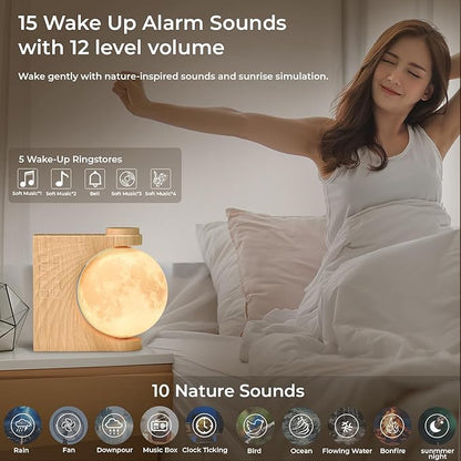 Sunrise Alarm Clock for Heavy Sleepers, Moon Lamp with Moon Light & 10 Light Effects, Cute Alarm Clock with10 White Noise Sounds & Dual Alarms for Bedrooms & Home Office Decor (Walnut Wood Grain)