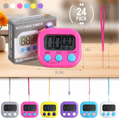 Leumoi 24 Packs Small Digital Kitchen Timer with lanyards Magnetic Back and Switch Minute Second Count up Countdown Big LCD Display Loud Alarm for Teacher Cooking Baking, Colorful
