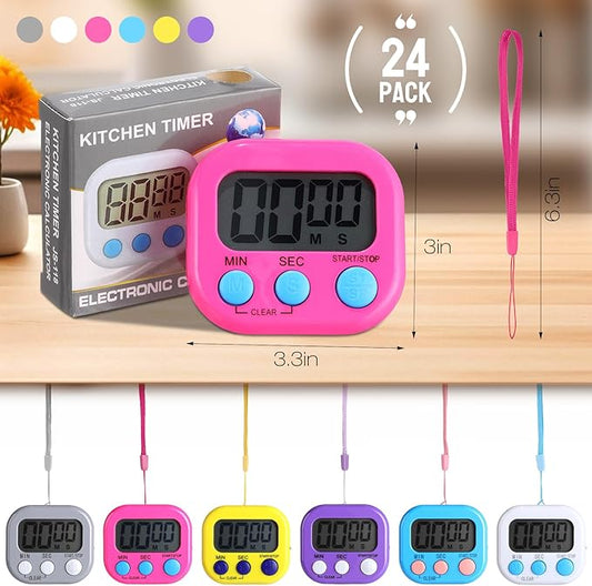 Leumoi 24 Packs Small Digital Kitchen Timer with lanyards Magnetic Back and Switch Minute Second Count up Countdown Big LCD Display Loud Alarm for Teacher Cooking Baking, Colorful