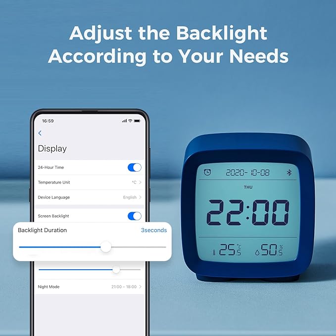 qingping Smart Bluetooth Digital Alarm Clock with Multiple Alarms, Battery Operated Small Alarm Clock with Temperature and Humidity Display for Bedroom, Easy Settings Through app