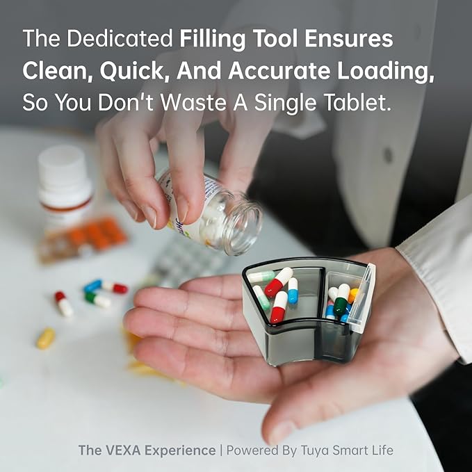 VEXA VitaMate Pro 21 Smart Pill Dispenser with Automatic Rotation, Rising Pill Containers, Sound & Light Alerts, App-Controlled Medication Reminder and Tracker for Tablets, Capsules & Supplements