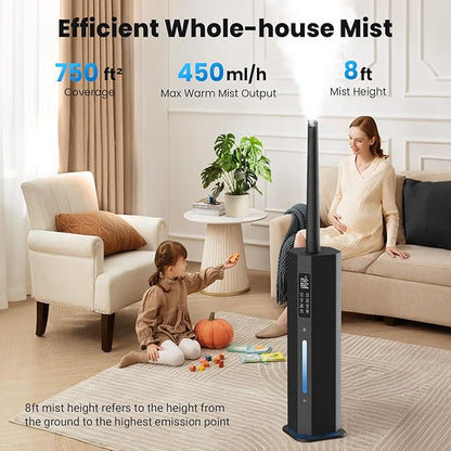 Humidifiers for Bedroom - GloryAir 2.38Gal/9L Top Fill Warm & Cool Mist Humidifier for Large Room 750ft² with Auto Mode 7-Color Light, Humidistat, Quiet Humidifier for Plants Baby Adults Home & Office