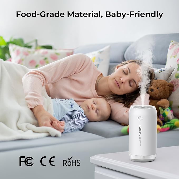 Portable Mini Humidifier, KQLKJ 350ml Small Cool Mist Humidifiers, USB Personal Desktop Humidifier for Bedroom Car Office Travel with Auto Shut-Off & 2 Mist Modes (White)