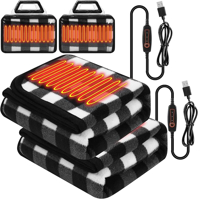 Tuanse 2 Pcs USB Heated Blanket 25"x35" Small Portable 5v 3 Setting Electric Blanket with Timer and Temperature Controller Winter Wearable Recharge Throw for Travel Home(Black and White Plaid)