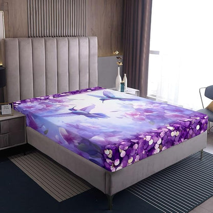 Hummingbird Kids Twin Size Fitted Sheet,Floral Lilac Flower Animal Boys Girls Bed Sheets,Spring Romantic Dreamy Room Decor,Purple Bedding Set,1 Pillowcase(No Flat)