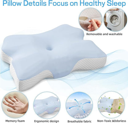 Cervical Neck Pillow for Pain Relief, Ergonomic Neck Support Pillow for Side Sleeper, Contour Memory Foam Pillows with Cooling Pillowcase Orthopedic Bed Pillow for Back Stomach Sleepers, Sky Blue