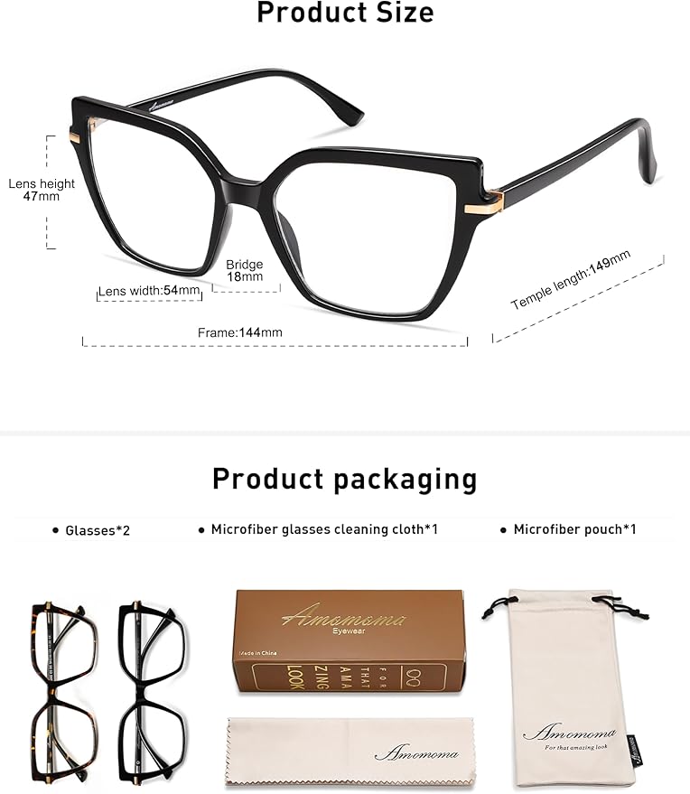 AMOMOMA Trendy Square Blue Light Blocking Reading Glasses for Women Women's Readers Spring Hinge AM6082