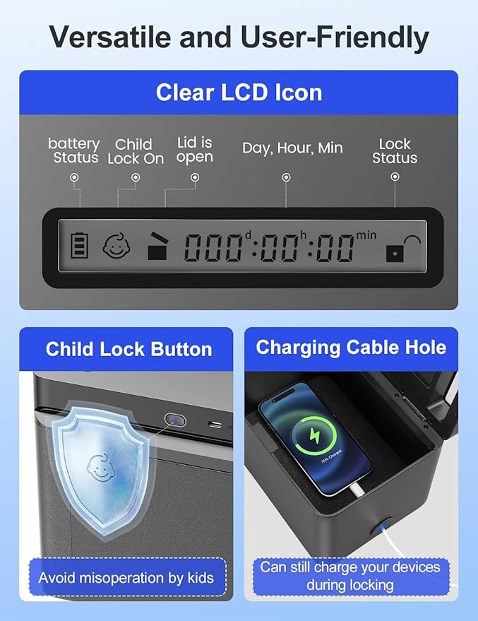 Metal Timed Lock Box with Emergency Unlocking, Phone Locked Box with Timer, Locking Container, Audio Prompt, Self-Control Safe Locker for Cellphone/iPad Mini/Medicine (Large)