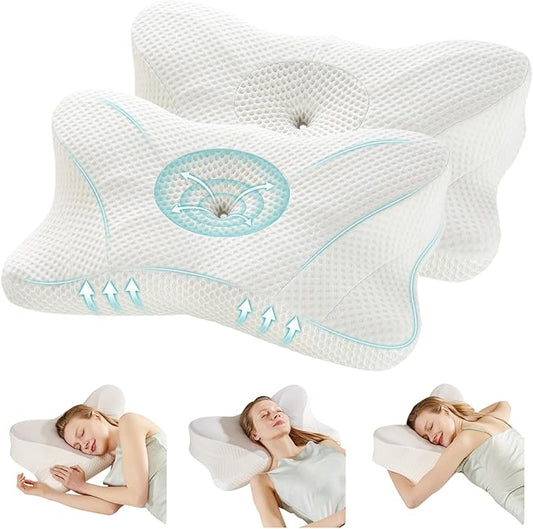 DUMOS Cervical Neck Pillow Set of 2, Memory Foam Contour Pillow with Arm Rest Slot and Soft Breathable Pillowcase, Ergonomic Dual-Height Orthopedic Support for Side, Back, and Stomach Sleepers, White