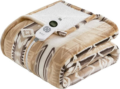 Woolrich Heated Throw Blanket with Ultra Soft Plush and Sherpa Reverse, 12 Heat Settings, Auto Shut-Off, Boho Farmhouse & English Country Gift Throw – Aztec Pattern, 50"x60"