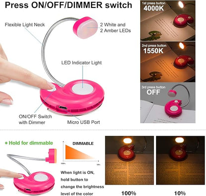 LUXSWAY Rechargeable Reading Book Light for Kids,LED Reading Light for Books in Bed,Amber Book Lights with Magnetic,Flexible Gooseneck,Cute Bookmark Lights for Bookworms-Magenta