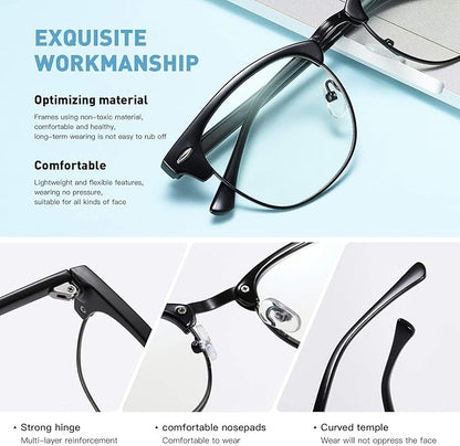 Blue Light Blocking Glasses Vintage Half Frame UV Clear Lens Anti Eyestrain Computer Gaming Glasses for Women Men (E-bright Black+leopard Silver)