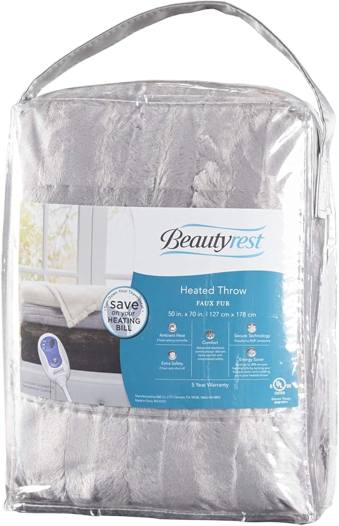 Beautyrest Duke Blanket Luxury Oversize Electric Throw Premium Soft Cozy Brushed Long Faux Fur for Bed, Couch with 3 Heat Setting Controller, Auto Shut-Off Function, Grey, 50 in x 70 in