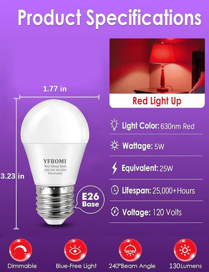630nm Red Light Bulbs for Sleep Dimmable, 100% Blue Light Blocking A15 Red LED Dim Bulbs Bedroom Night Light for Party Decoration, Porch, Holiday Lighting etc Home Bulb E26 Base 5W 4Pack