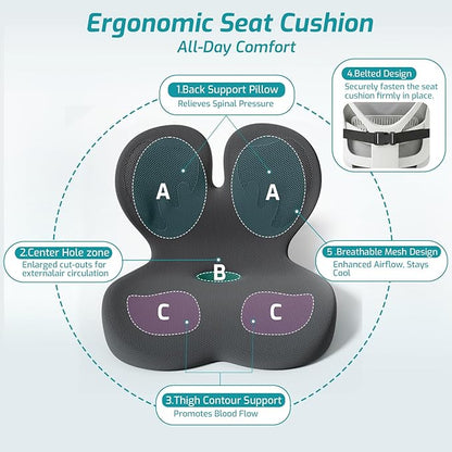 Trucker Seat Cushion, Car Seat Cushion Memory Foam Ergonomic Lumbar & Tailbone Support Pillow for Hemorrhoid, Coccyx & Sciatica Relief, for RV, SUV, Office Chair, Wheelchair (Black Embroider)