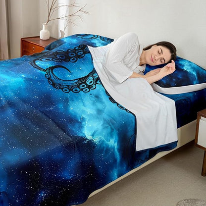 Octopus Sheet Set Queen Size Sealife Dark Blue Starry Sky Bed Sheet Set 4pcs with Deep Pocket Fitted Sheet + Flat Sheet + 2 Pillowcases Ocean Animal Abstract Soft Bedding Set for Kids Teens Room Decor