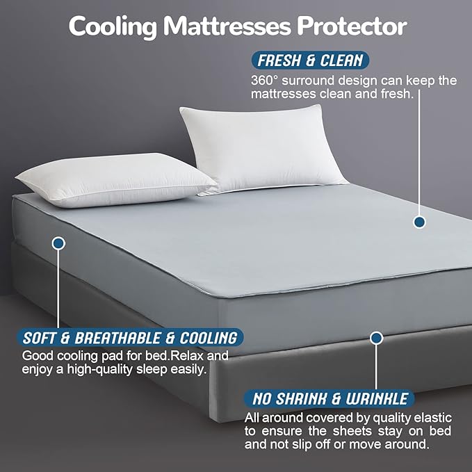 Ailemei Direct Cooling Thin Mattress Pad, King Size Mattress Topper for Hot Sleepers, Deep Pocket Fits 16" Mattresses, Fitted Sheets for Bed, Summer Cooling System, Gray, 76"x80"