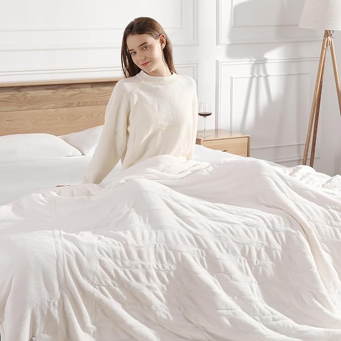 Heated Blanket Full Size Electric Blanket 72X84in, Fluffy Sherpa Fleece Heated Blanket Full for Bed with 5 Heat Levels & 10-Hour Auto Off, ETL and FCC Certified Warming Blanket for Winter Gift (White)
