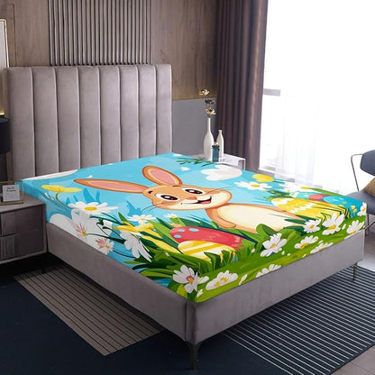 Happy Easter Bed Sheet Queen Size Cartoon Rabbit Spring Flowers Bedding Set Easter Egg Kawaii Animal Fitted Sheet Kids Boys Girls Room Decor Blue Colorful Soft Sheets with 2 Pillowcase,No Top Flat