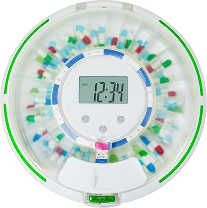 Automatic Pill Dispenser，Lock 28-Day Medication Organizer, Up to 6 Doses Per Day, 6 Dosage Templates, Sound & Light Alerts & Key for Vitamins, Supplements (Frosted Lid)