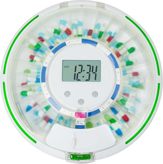 Automatic Pill Dispenser with Flashing Light, Sound, Alarm and Safety Lock, 28-Day Electronic Medication Organizer – Dispense Vitamins and Tablets Up 6 Times/Day – Easy Read Display (Frosted)
