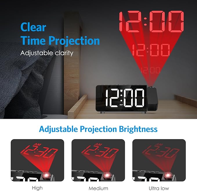 Digital Projection Alarm Clock for Bedroom Ceiling-Alarm Clocks with 180°Projector, 5 Level Brightness, DST, Snooze, Night Mode, Loud Alarms for Kids,Heavy Sleepers, 12/24H, for Bedroom