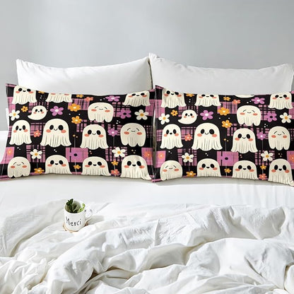 Cute Ghost Bed Sheet Set Home Decor Daisy Groovy Flowers Pink Plaids Patchwork Sheet Sets Deep Pocket,Happy Halloween Kawaii Ghosts Black White Mattress Cover,Twin Size with 1 Pillowcase