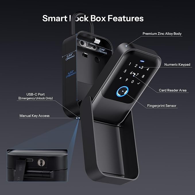 Smart Key Lock Box - Advanced Fingerprint Recognition, TTLock Control, Manual Keys, Access Card - Weatherproof, Wall Mounted & Door Hanging for Home, Airbnb, Realtor and Office