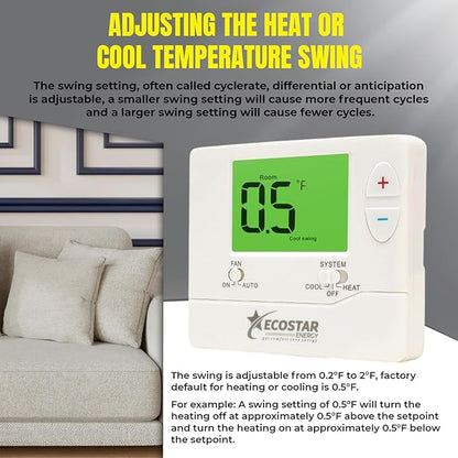 Non-Programmable Conventional Single Stage 1 Heat/1 Cool Energy Saving Digital Thermostat with Green Backlight for Home & Commercial Air Conditioning/Heating/HVAC Systems, Easy DIY Installation