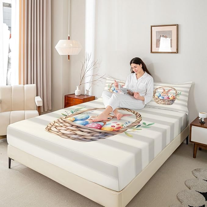 Happy Easter Fitted Sheet Queen Size Cute Rabbit Easter Egg Bedding Set for Kids Bedroom Kawaii Cartoon Animal Bed Sheet Set 3pcs Beige Gray Deep Pocket Mattress Cover,No Top Flat