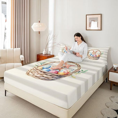 Happy Easter Fitted Sheet Twin Size Cute Rabbit Easter Egg Bedding Set for Kids Bedroom Kawaii Cartoon Animal Bed Sheet Set 2pcs Beige Gray Deep Pocket Mattress Cover,No Top Flat