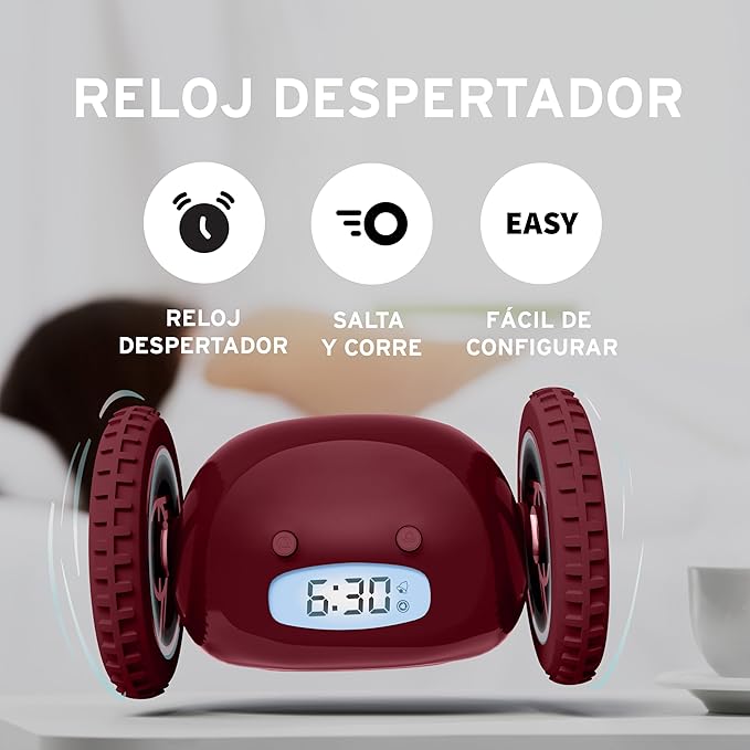 CLOCKY Alarm Clock on Wheels – Loud Rolling Alarm Clock for Heavy Sleepers | Runaway Clock That Jumps & Runs to Wake You Up | Funny Unique Gift for Adults, Teens & Kids Bedrooms (Wine)