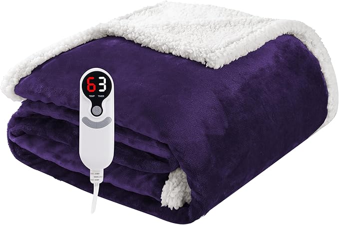 Electric Heated Blanket Throw Size 50"x60", Soft Flannel with Overheat Protection, 9 Adjustable Heat Settings & 10-Hour Auto-Off Timer, Fast Heating for Winter Comfort, Dark Purple