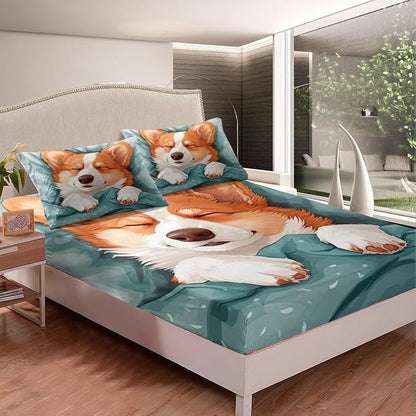 Lovely Corgi Kids Fitted Sheet Twin Size,Cartoon Dog Puppy Bedding Set,Boys Girls Room Decor,Hairy Cute Animal Bed Cover,Cyan Cartoon Bed Sheet,1 Pillowcase