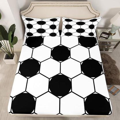 Manfei Football Kids Sheet Set Queen Size, Black and White Soccer Bed Sheet Set 4pcs (Fitted Sheet, Flat Sheet, 2 Pillowcases), Geometric Hexagon Honeycomb Bedding Set for Boys Teens Room Decor