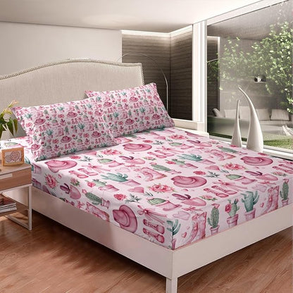Western Cowgirl Fitted Sheet Pink Bowknots Dreamy Roses Flowers Bed Sheet Set for Kids Children Teens American Tribal Boots Hats Desert Cactus Bed Cover Toddler Bedroom Decor,Twin Size