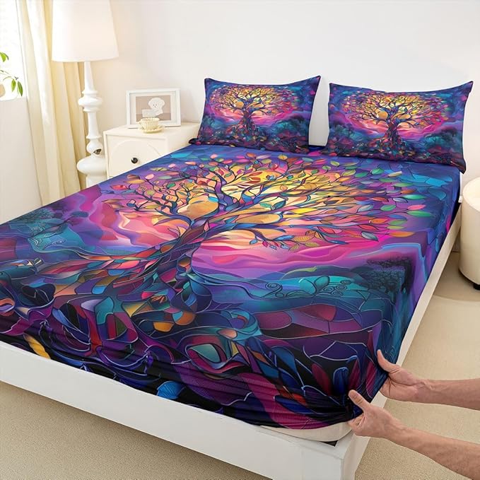 Tree of Life Kids Full Size Fitted Sheet,Stained Glass Leaves Abstract Room Decor,Aesthetic Nature Plant Boys Girls Bed Sheets,Colorful Bedding Set,2 Pillowcases(No Flat)