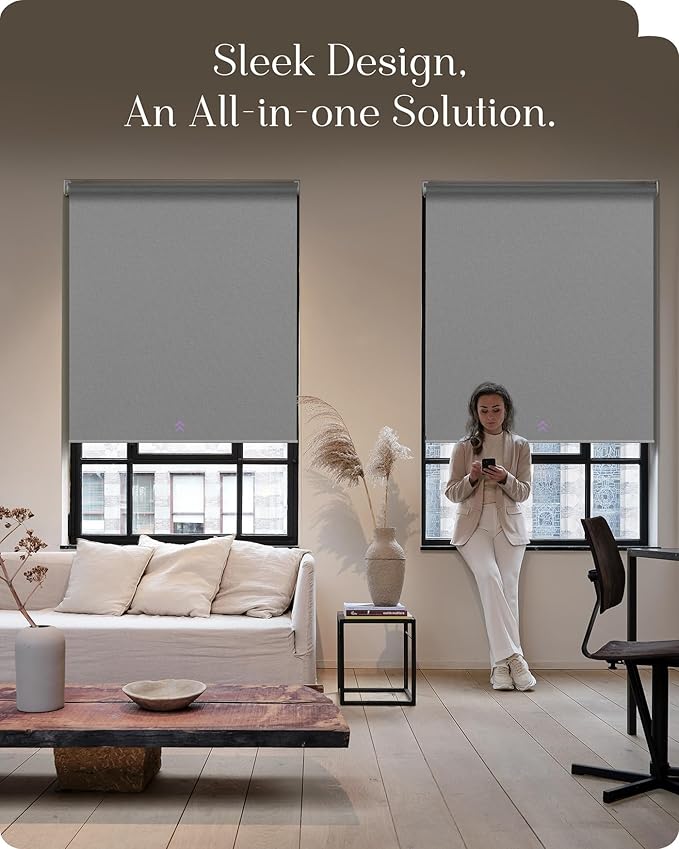 Graywind Smart Roller Shades 100% Blackout Window Blinds with APP Control Customized Automatic Shades for Home and Office(35" Wx72 H,Grey)