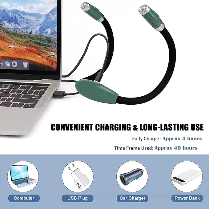 Rechargeable 4 LED Neck Reading Light, Book Lights for Reading in Bed, 3 Brightness Levels, Bendable Arms, Long Lasting. Perfect for Reading, Craft & Knitting (Army Green)