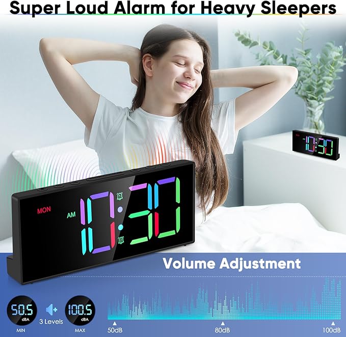 Loud Alarm Clock for Heavy Sleepers, Digital Clocks with Adjustable Volume Brightness,Snooze,Battery Backup, Large Numbers Display RGB Colorful Changing Clock for Bedrooms,Offce Living Rooms
