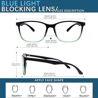 Blue-Light Blocking Glasses Computer Reading/Gaming/TV/Phones Glasses Fashion Anti Eyestrain UV Glasses for Women Men(E6 Black+Transparent+Gradient Green)