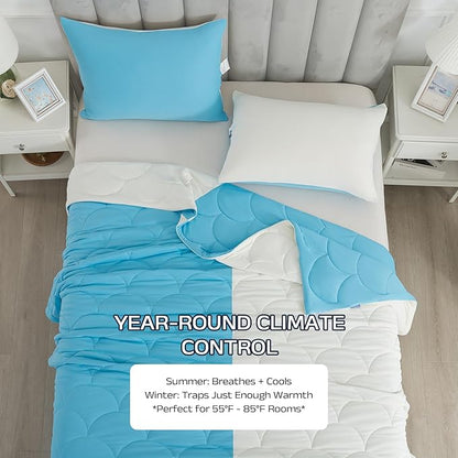 Cooling Blanket for Hot Sleepers - Queen Size Lightweight Breathable Tencel Blend, Double Sided All-Season Comforter, Temperature Regulating & Machine Washable (Blue+White, Queen (90''x90''))