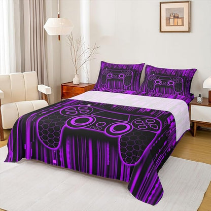 Geometric Gamepad Kids Sheet Full Size,Modern Neon Lights Honeycomb Hexagon Bedding Set,Boys Girls Room Decor,Videogames Gaming Controller Purple Bed Sheet Set 4pcs(Fitted + Flat + 2 Pillowcases)