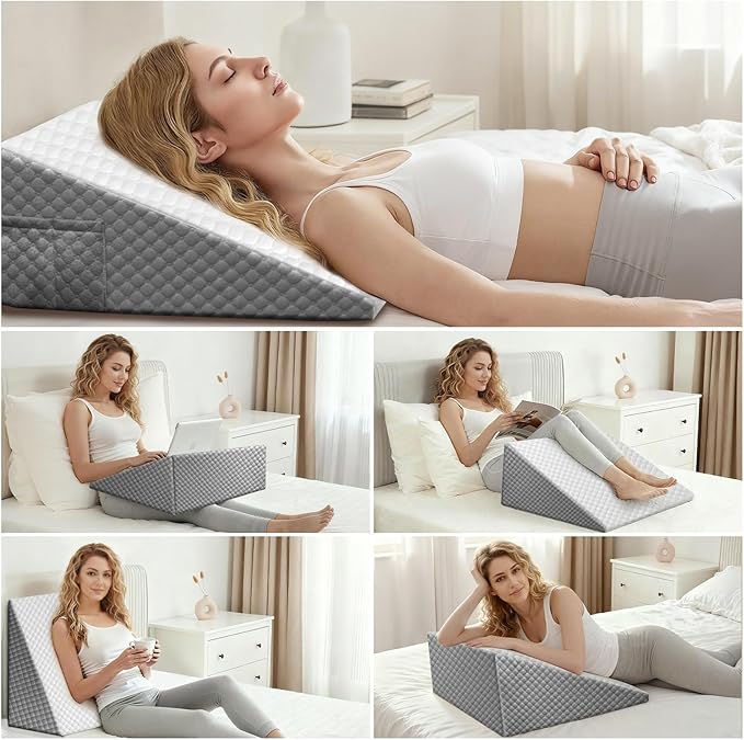 Wedge Pillow, 10 Inch Bed Wedge Pillow for Headboard, Pillow Wedge for Acid Reflux Relief, After Surgery, Sleeping，Back Pain Relief, Memory Foam Top, LightGrey