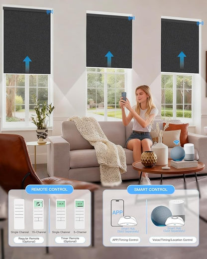 Motorized Roller Shade with Remote Control, Blackout Electric Shade for Windows Compatible with Alexa Google via Hub, Rechargeable Smart Window Blind Customized Size (Pure Black)