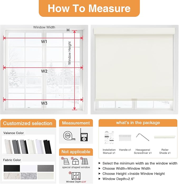 AOSKY No Drill Cordless Blackout Roller Shades with Valance,Customize Blinds for Indoor Windows,Room Darkening Window Shades Pull Down with Free-Stop Spring System, UV Protection for Home Ivory