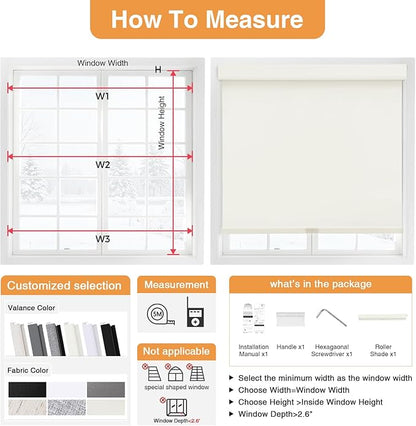 AOSKY No Drill Cordless Blackout Roller Shades with Valance,Customize Blinds for Indoor Windows,Room Darkening Window Shades Pull Down with Free-Stop Spring System, UV Protection for Home Ivory