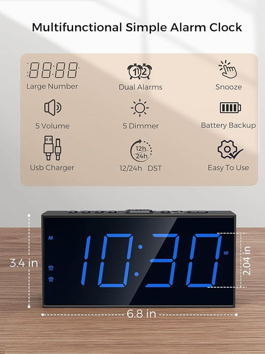 Digital Dual Alarm Clocks for Bedrooms, Large Big Numbers Display Electric Alarm Clock with Battery Backup, USB Port, Adjustable Alarm Volume, Dimmer, Easy to Set LED Desk Clock with Adapter Powered